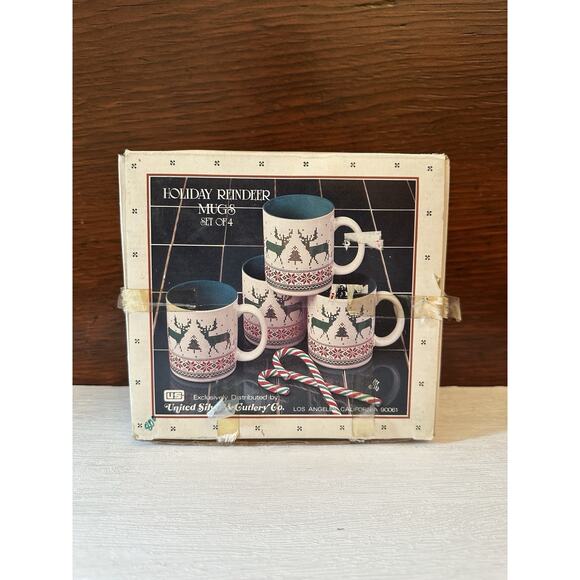 Vintage Holiday Reindeer Mugs Set of 4 Fair Isle Nordic Christmas Cocoa Bar - Picture 6 of 10